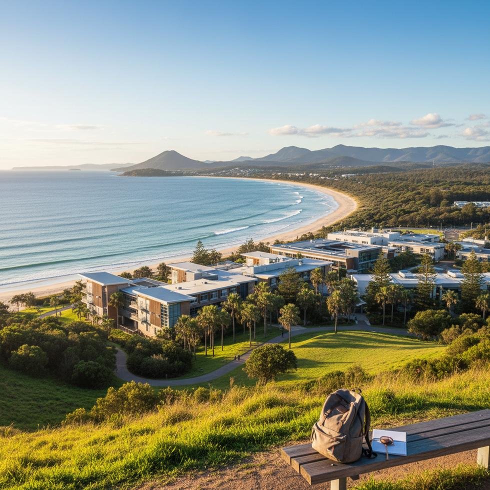 Sunshine Coast Üniversitesi kampüsünde öğrenciler ve doğal çevre