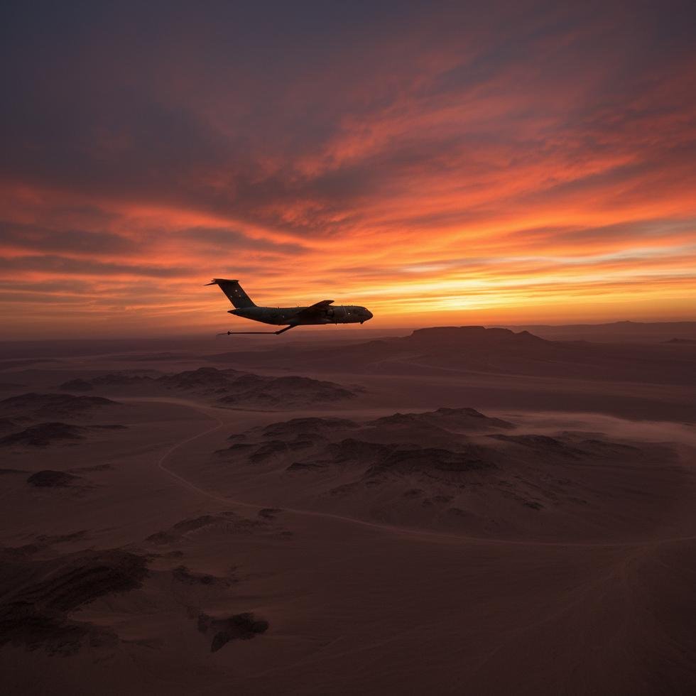 Uçuşta bir askeri uçak ve arka planda çöl manzarası