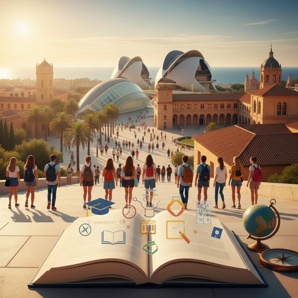 Valencia’da üniversite rehberi için akademik binalar ve şehir manzarası