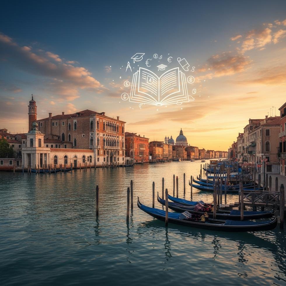 Venedik'te üniversite eğitimi için öğrenci ve kampüs görüntüsü