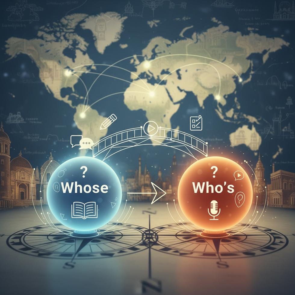 Whose ve Who’s kelimelerinin yazımı ve telaffuzu gösteren eğitim görseli