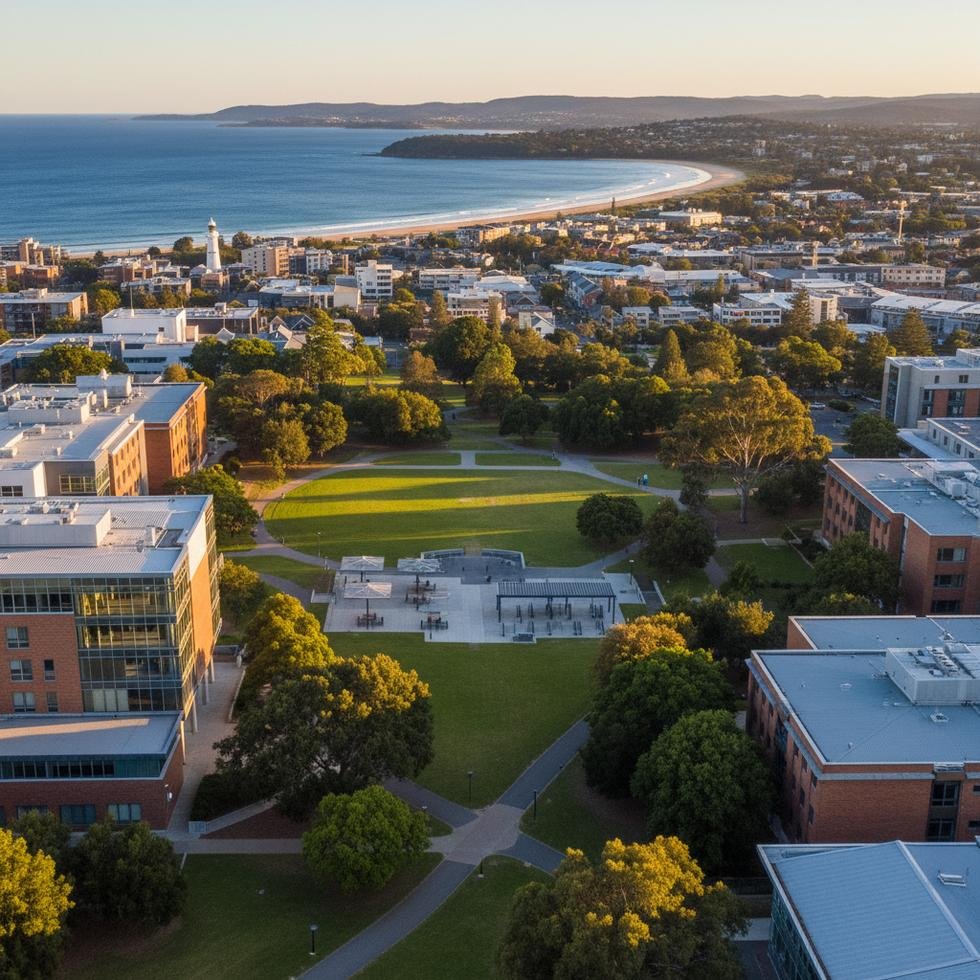 Wollongong’da üniversite kampüs ve şehir manzarası