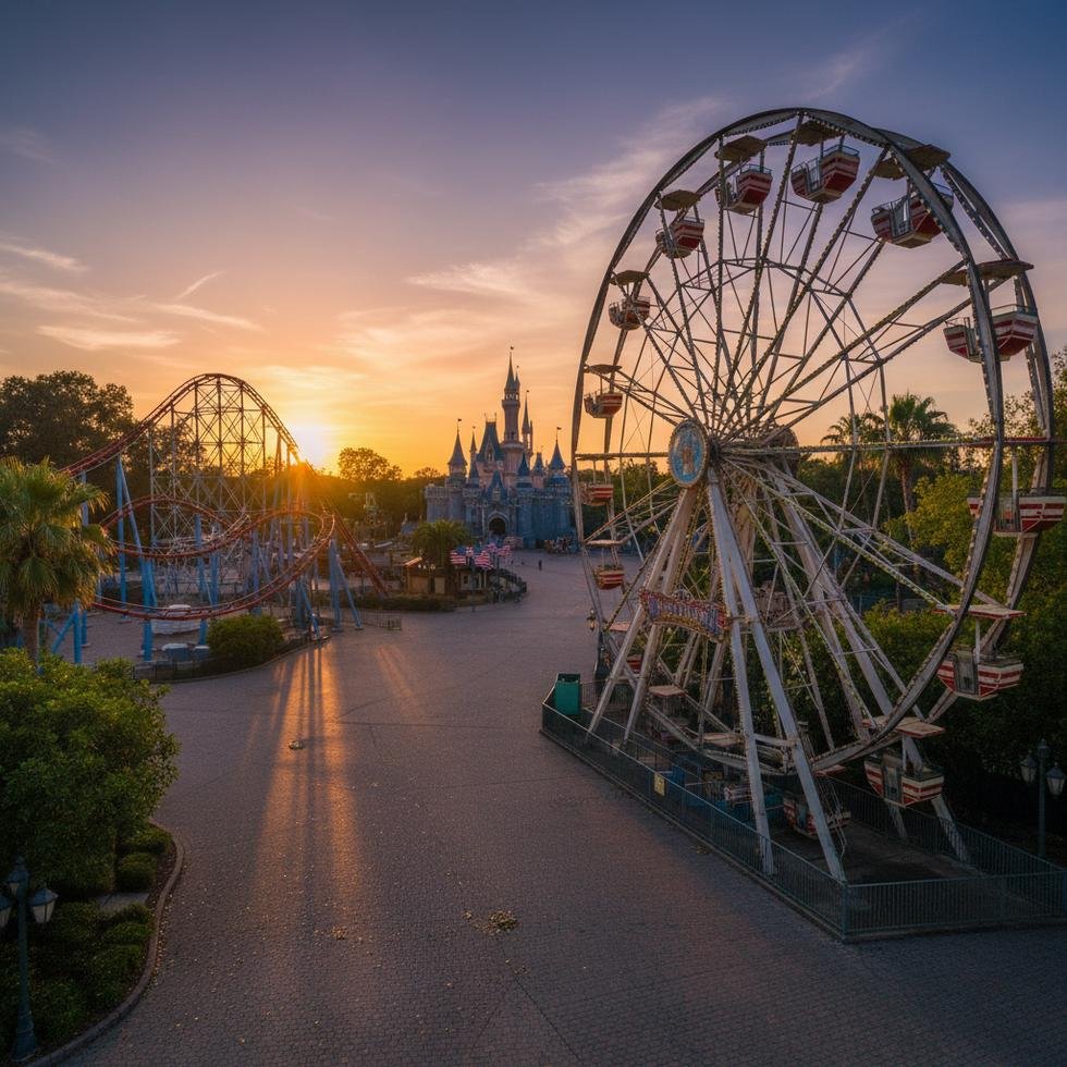 Work and Travel programında eğlence parkında fotoğraf çeken genç