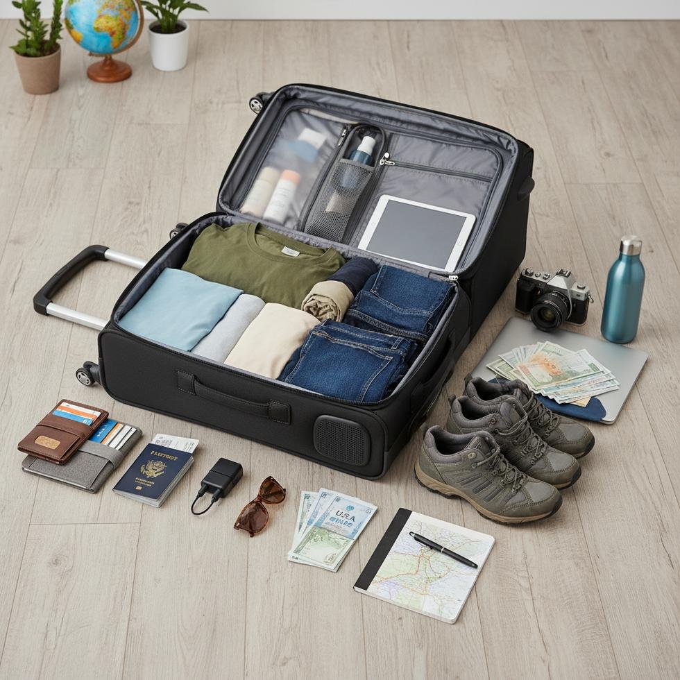 Work and Travel için hazırlanmış düzenli valiz ve paketleme malzemeleri