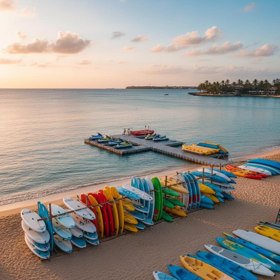 Work and Travel kapsamında su sporları kiralama işi yapan gençler sahilde ekipman teslim ediyor