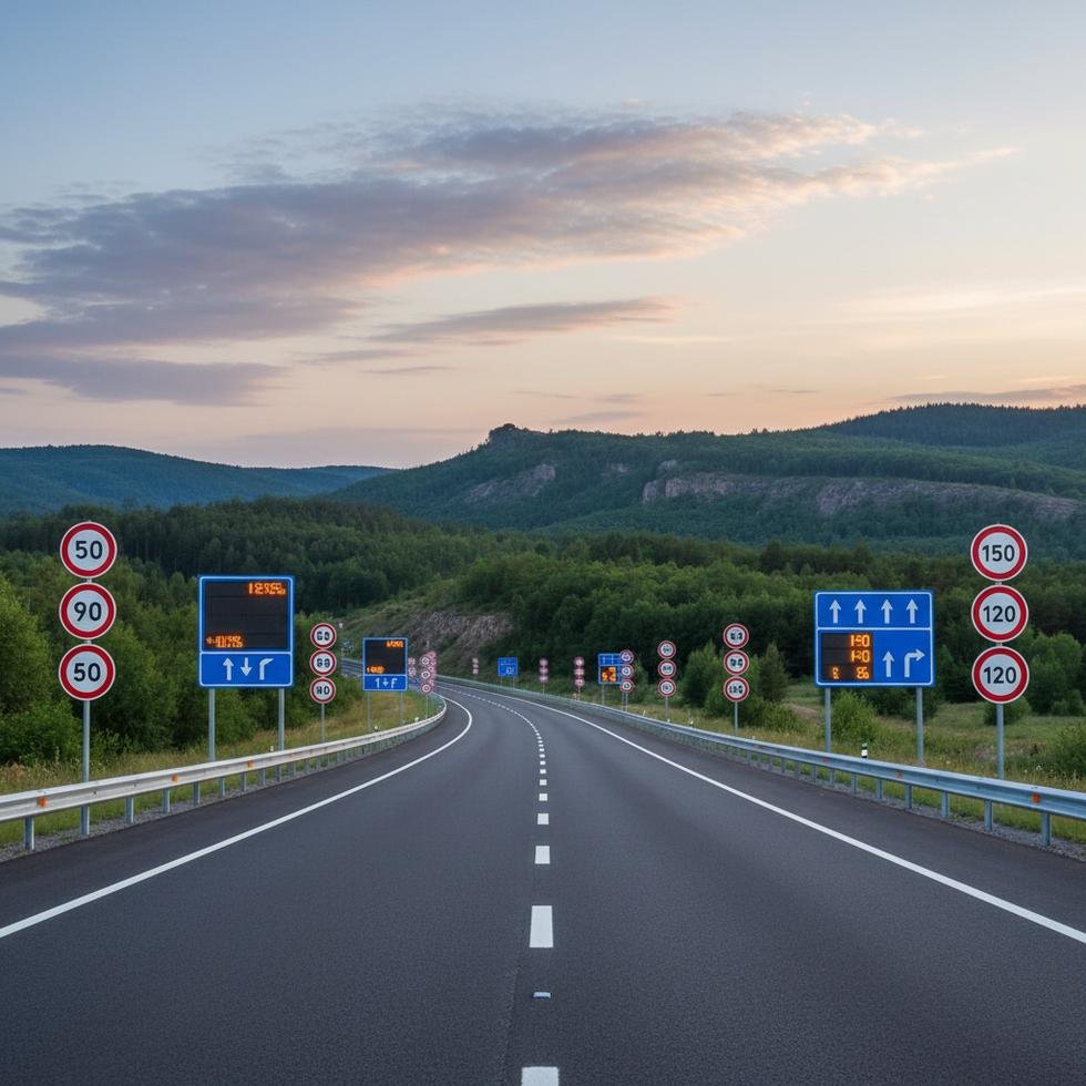 Hız limiti işaretlerinin bulunduğu uzun bir otoyol