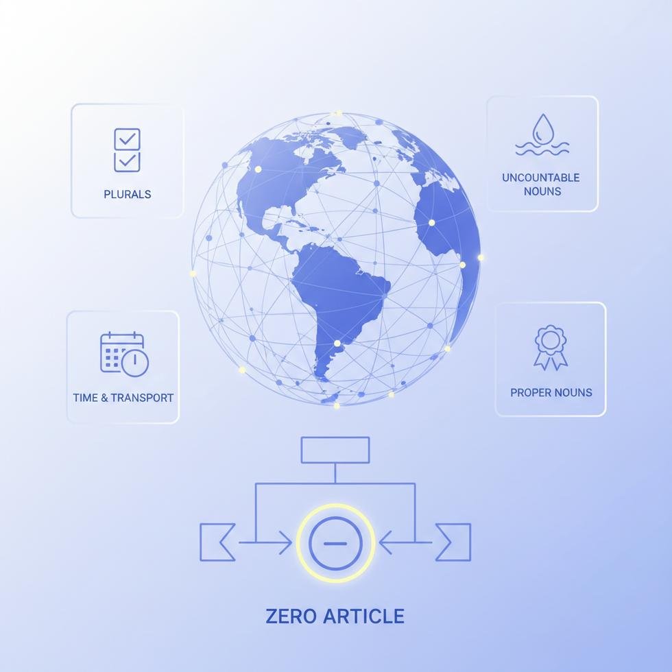 İngilizce zero article kullanımı ve temel kurallarını gösteren eğitim görseli