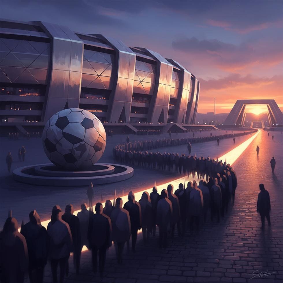 Stadyumda sıra bekleyen futbol taraftarları.