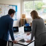 Öğretmenler bir sınıfta karar belgesini inceliyor