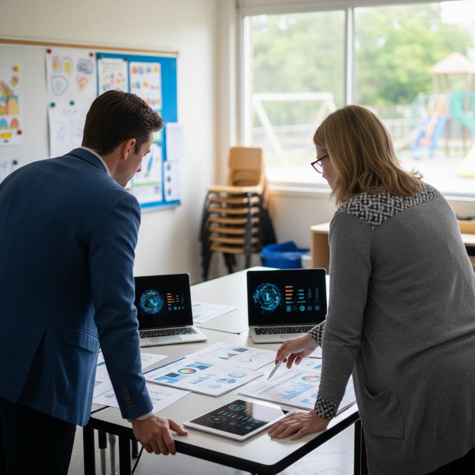 Öğretmenler bir sınıfta karar belgesini inceliyor