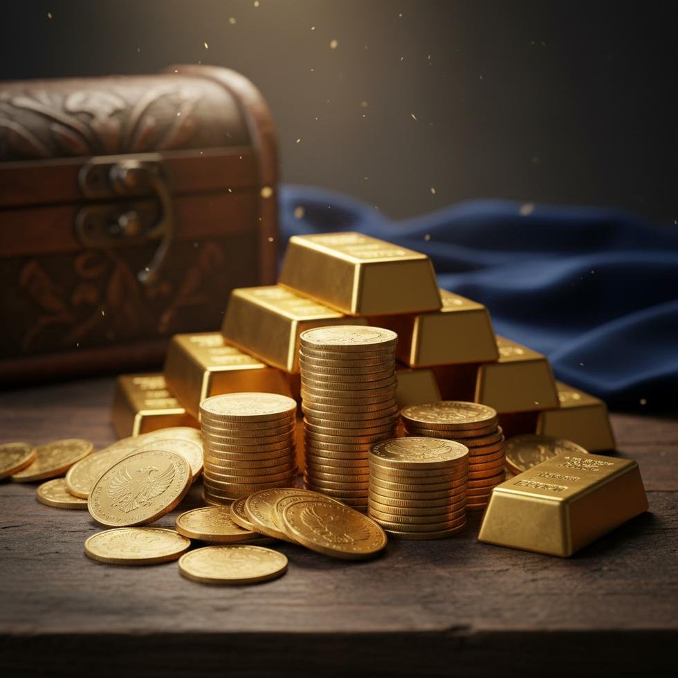 Altın sikkeler ve külçeler, Türkiye'deki altın üretimini simgeliyor.