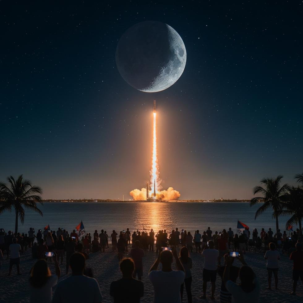 Kennedy Uzay Merkezi'nde Artemis misyonu için toplanmış kalabalık