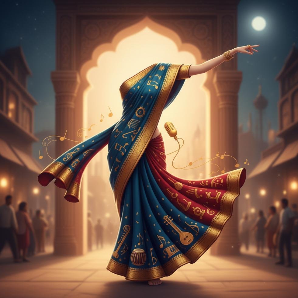 Asha Bhosle, geleneksel Hint sari içinde, Bollywood müziğine olan katkısını simgeliyor