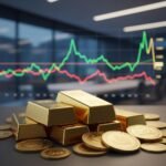 Arka planda dalgalanma grafiklerine sahip altın külçeleri ve paralar.