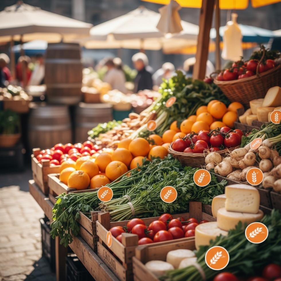 Turuncu etiketli taze gıda ürünleri.