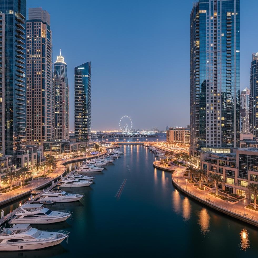 Dubai Marina ve JBR akşam saatlerinde yürüyüş manzarası