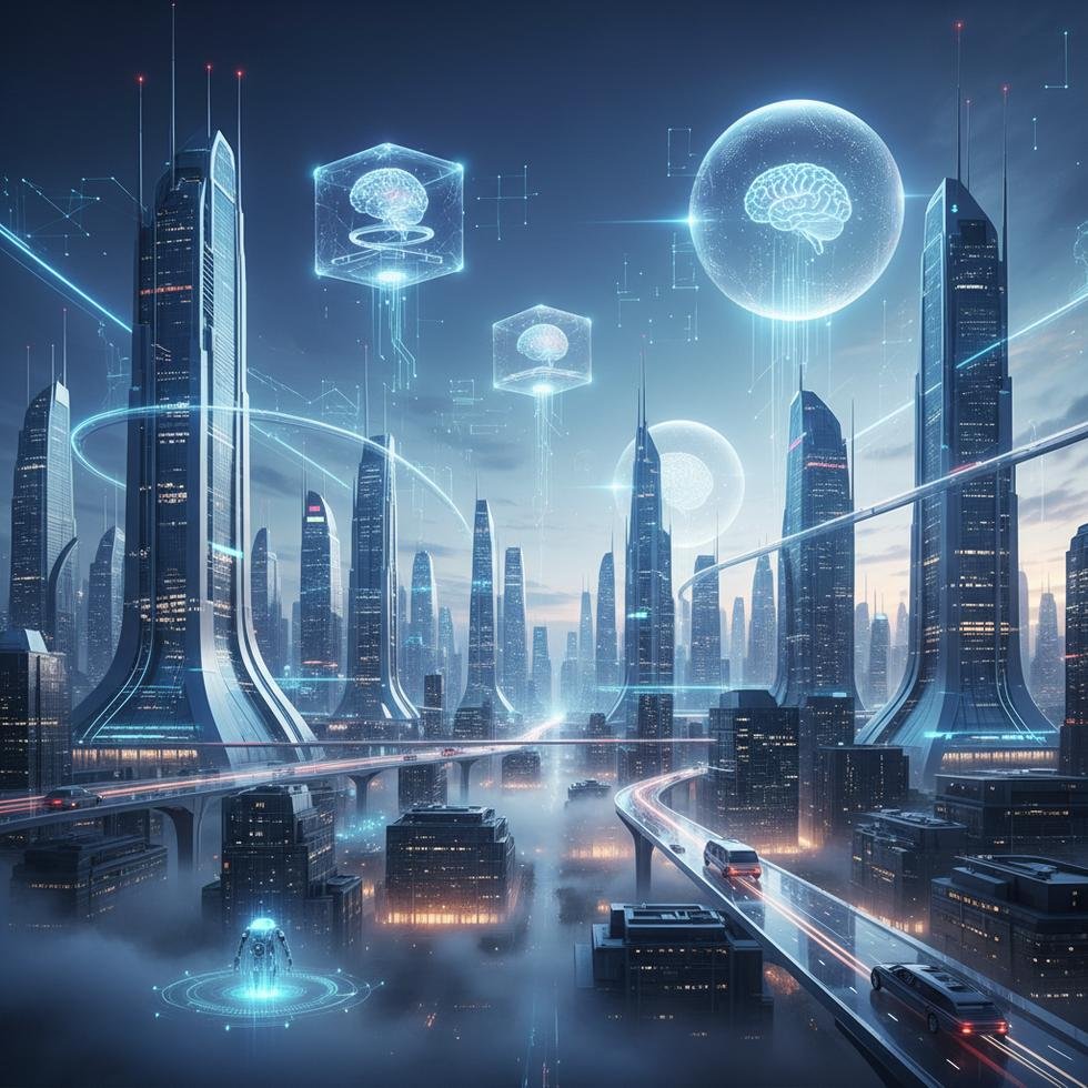 Yapay zeka çağına hazır dünyanın futuristik şehir manzarası
