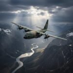 C-130 askeri kargo uçağı dağlık arazi üzerinde uçuşta