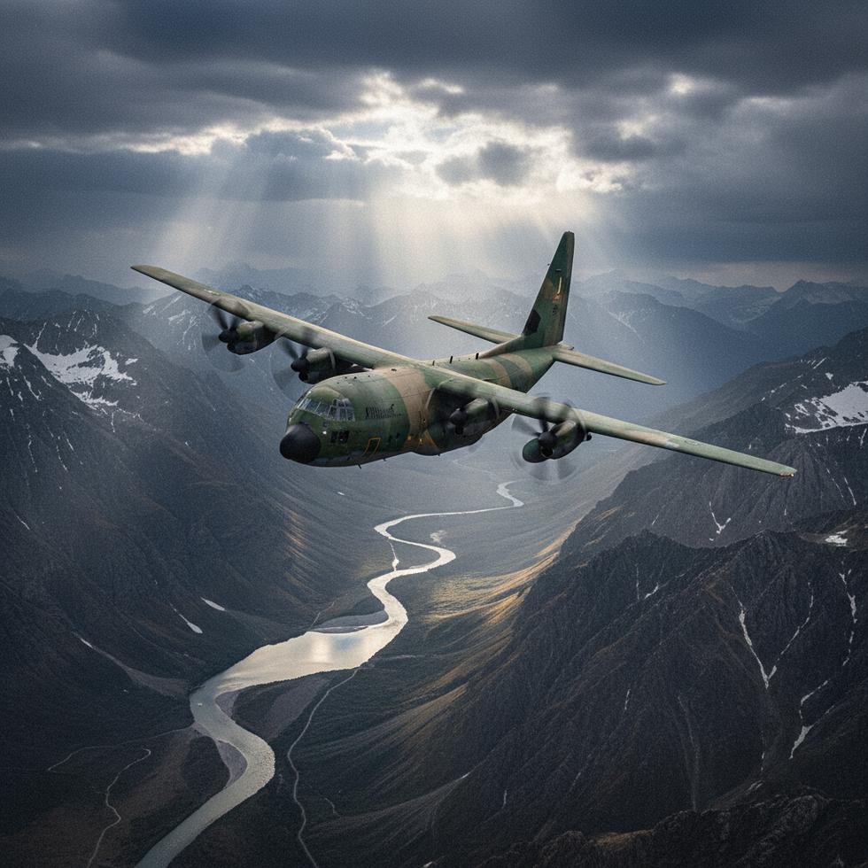 C-130 askeri kargo uçağı dağlık arazi üzerinde uçuşta