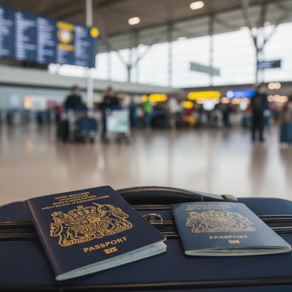 Havalimanında mahsur kalmış bir kadın, İngiltere pasaportuna bakıyor.