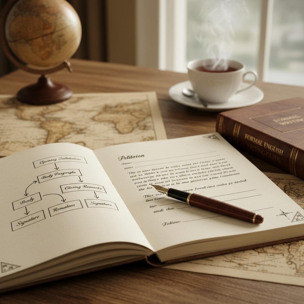 İngilizce dilekçe yazma sürecini gösteren profesyonel bir çalışma ortamı