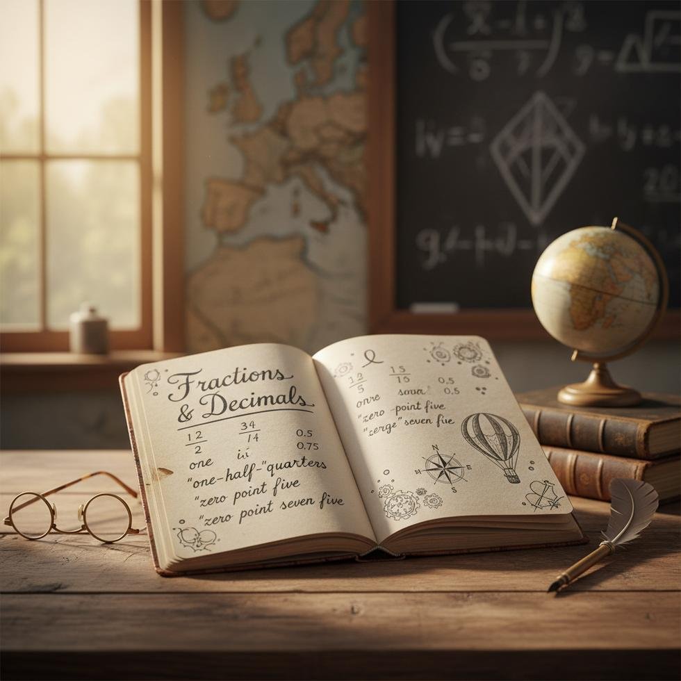 İngilizce kesirler ve ondalık sayıların okunuşunu gösteren eğitim görseli
