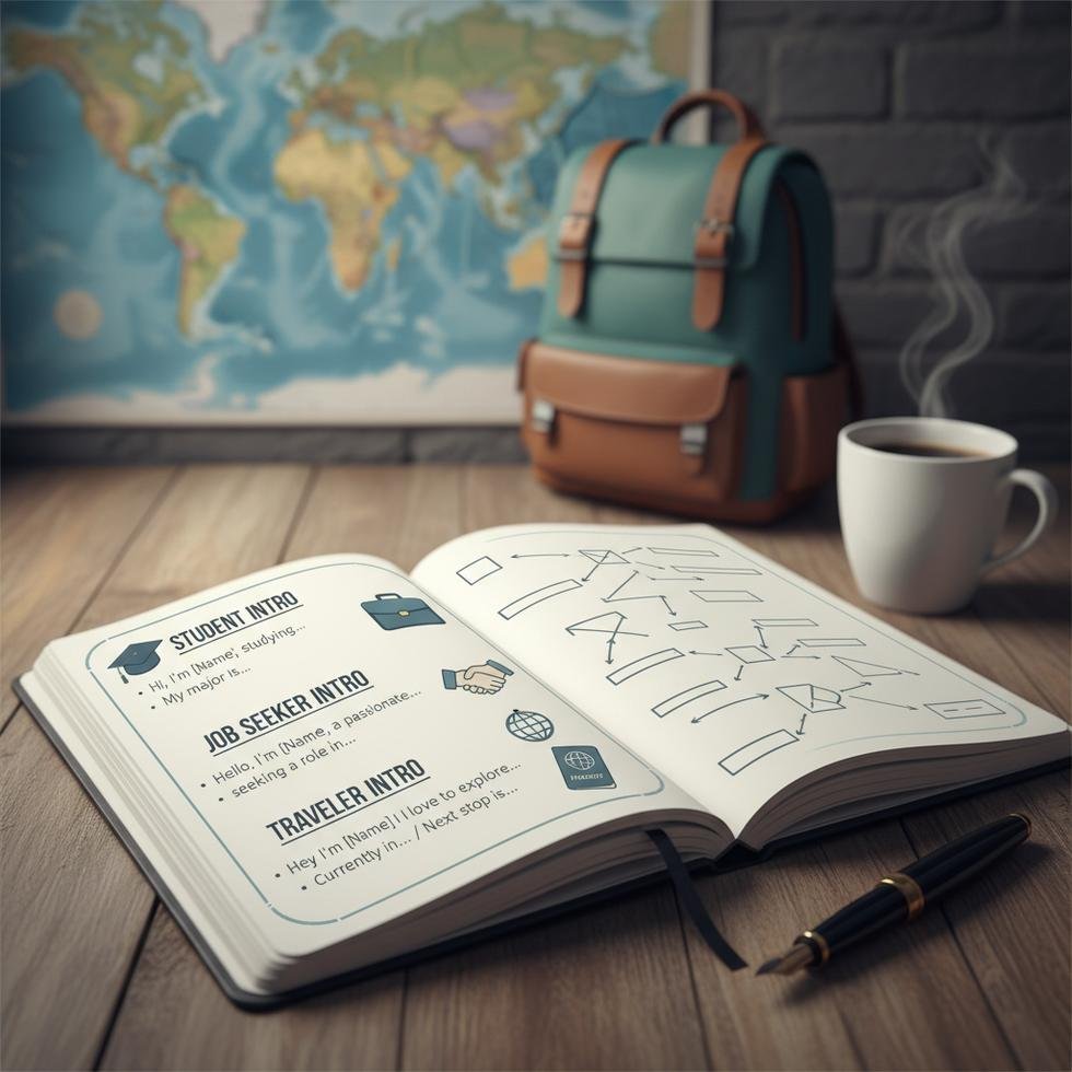 İngilizce kendini tanıtma rehberi içeriğini simgeleyen eğitim ve iletişim görseli