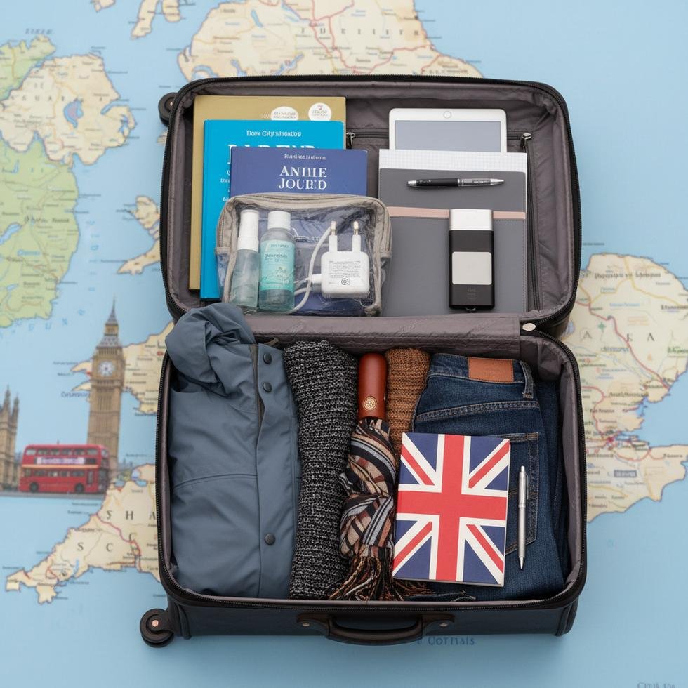 İngiltere seyahati için düzenlenmiş açık bavul ve seyahat eşyaları