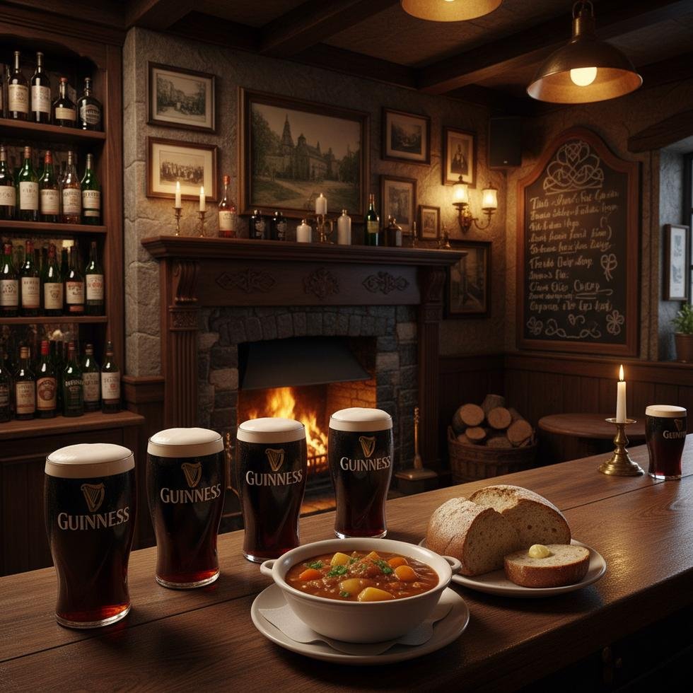 İrlanda pub kültürünü yansıtan Guinness bardağı ve geleneksel pub ortamı