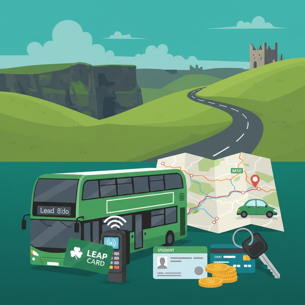 İrlanda'da toplu taşıma ve araç kiralama kavramlarını anlatan görsel