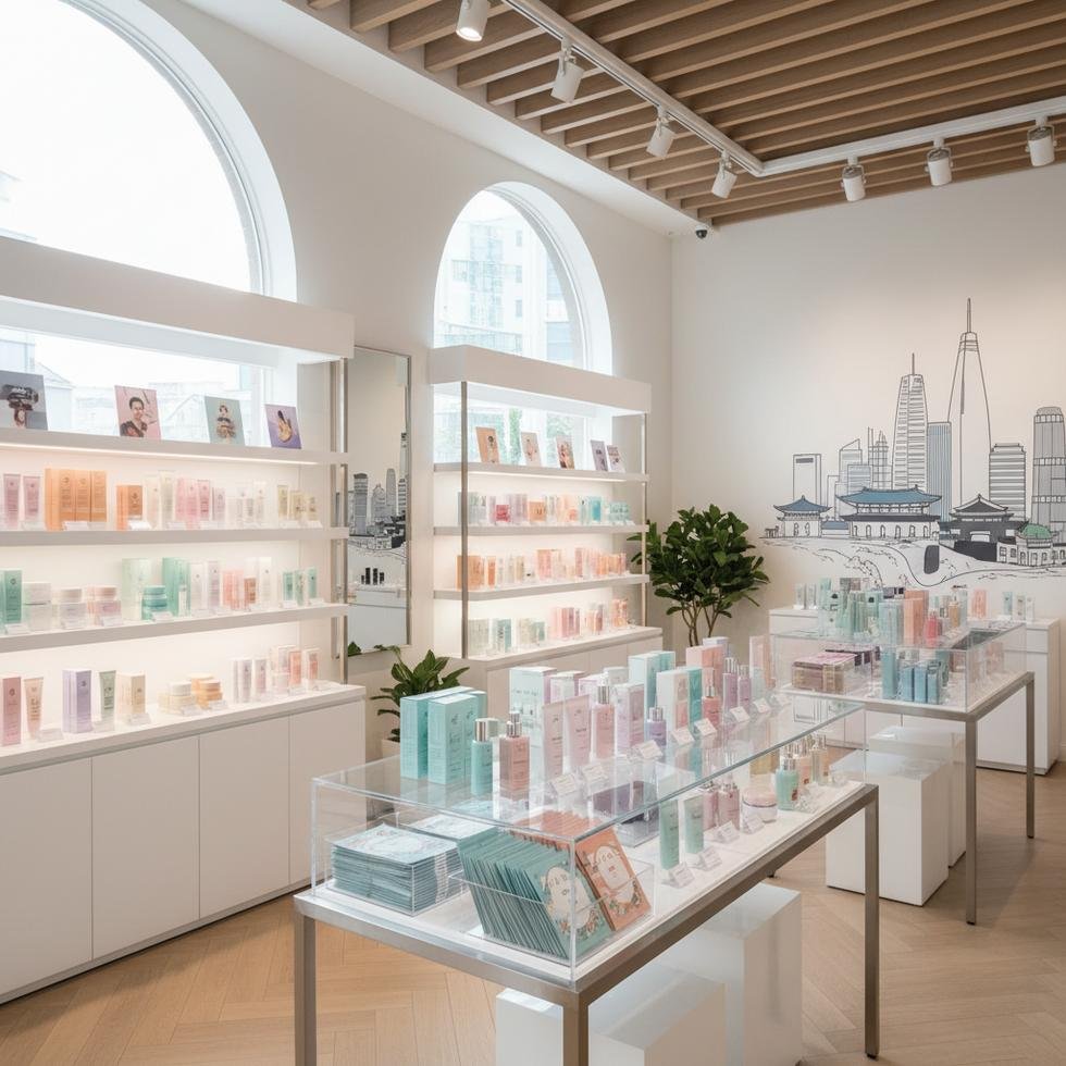 K-beauty ürünleri modern bir mağazada sergileniyor.