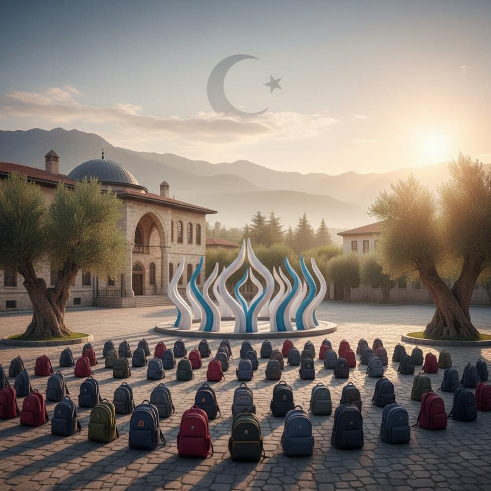 Öğrenciler okul bahçesinde dua ediyor