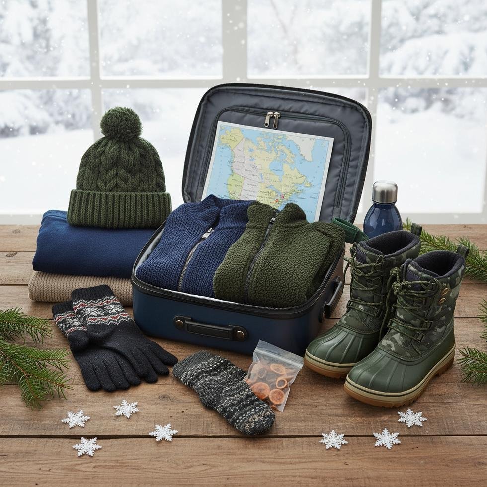 Kanada kış bavulu ve katmanlı giyim ekipmanları