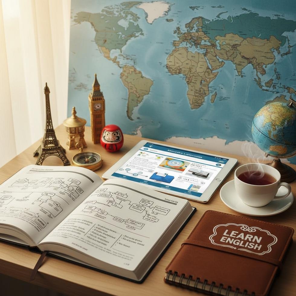 Kendi kendine İngilizce öğrenen kişi çalışma masasında