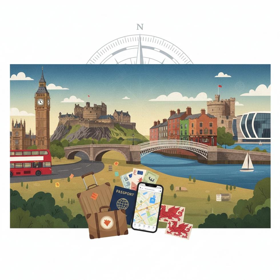 Londra, Edinburgh, Dublin ve Cardiff şehirlerinin simgesel noktaları ve ulaşım araçları