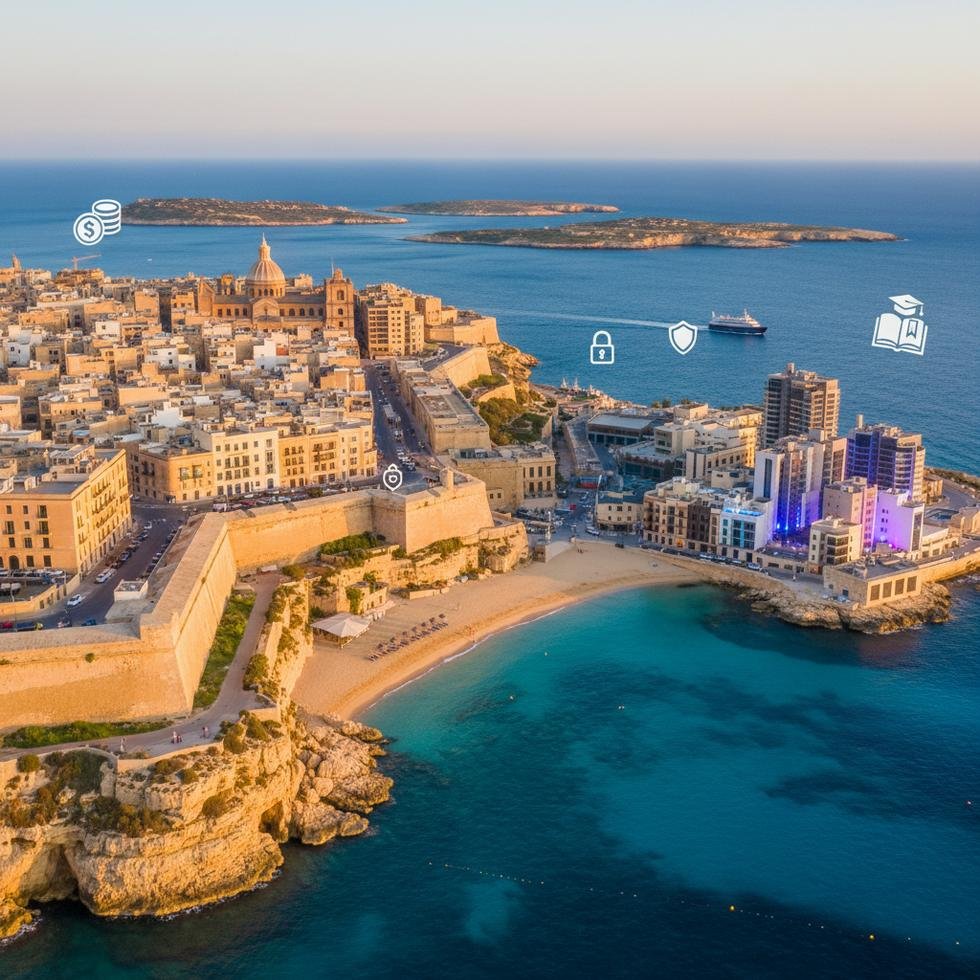 Malta'nın turkuaz plajları ve tarihi şehir görünümü