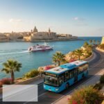 Malta’da otobüs ve feribot ulaşımı gösteren harita ve araç görüntüsü
