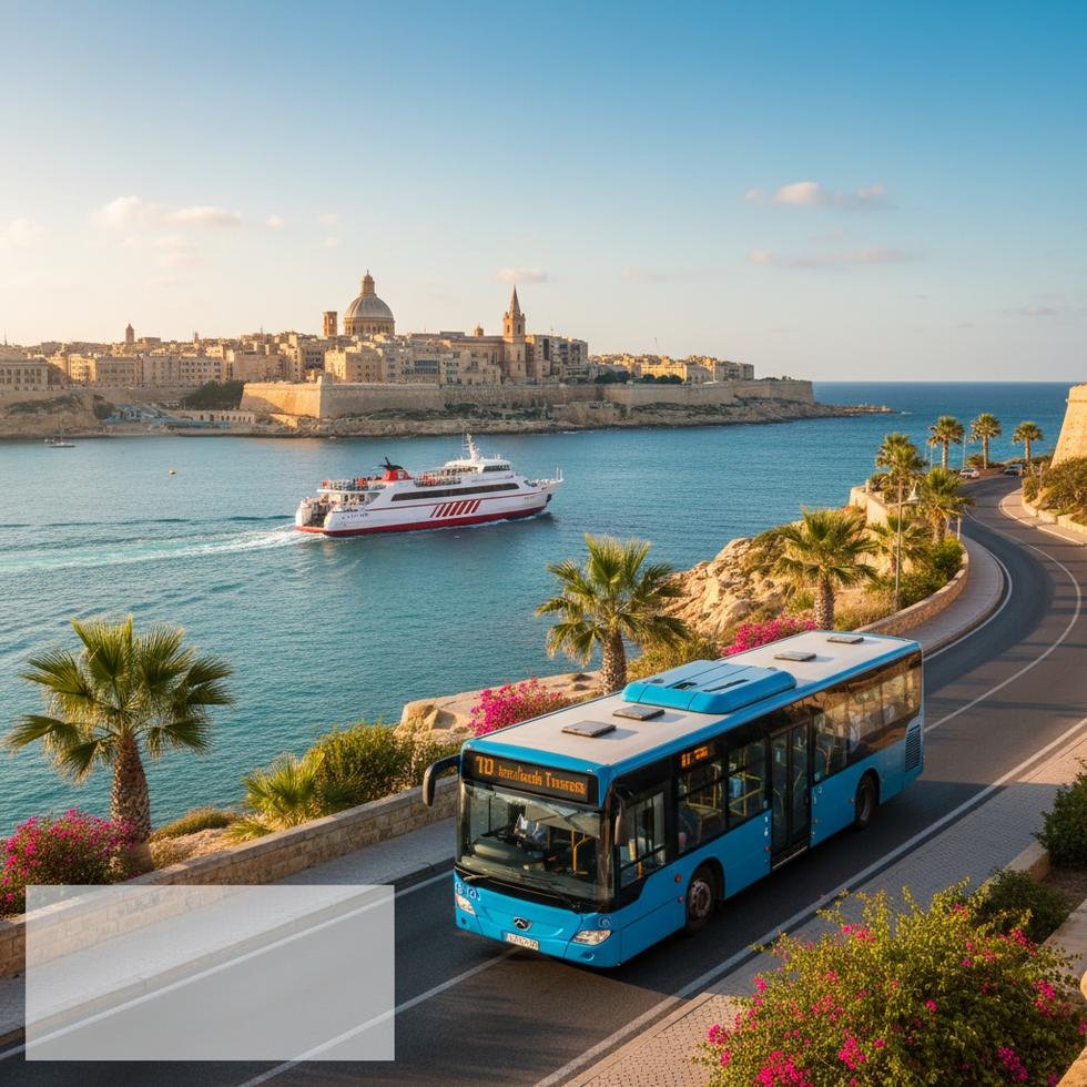 Malta’da otobüs ve feribot ulaşımı gösteren harita ve araç görüntüsü