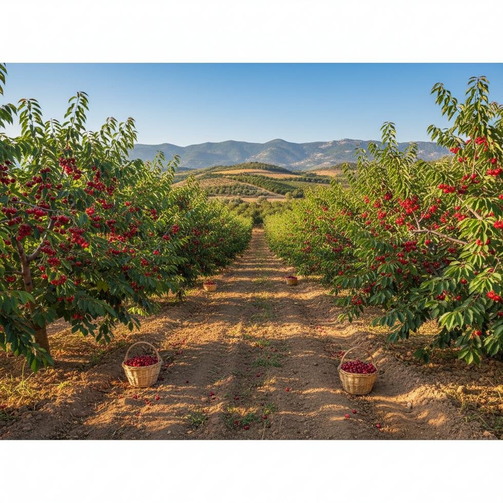 Kiraz ağaçları ve hasat yapan işçiler.