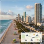 Miami ve Florida plaj manzarası ve şehir silueti