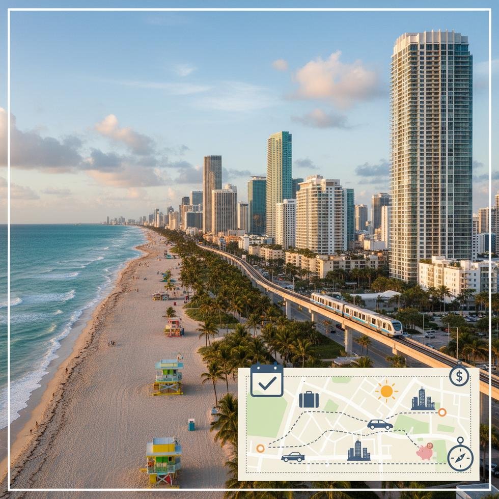 Miami ve Florida plaj manzarası ve şehir silueti