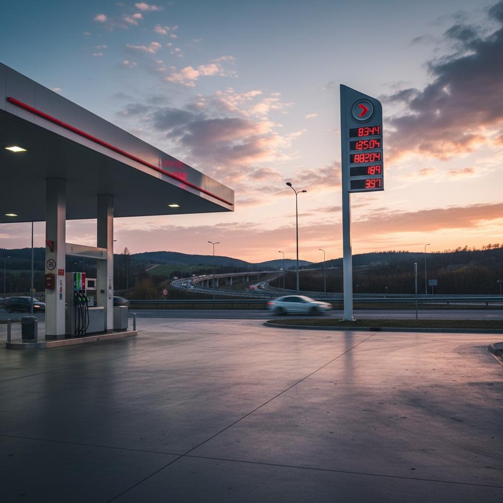 Benzin istasyonunda değişen akaryakıt fiyatlarını gösteren tabela.