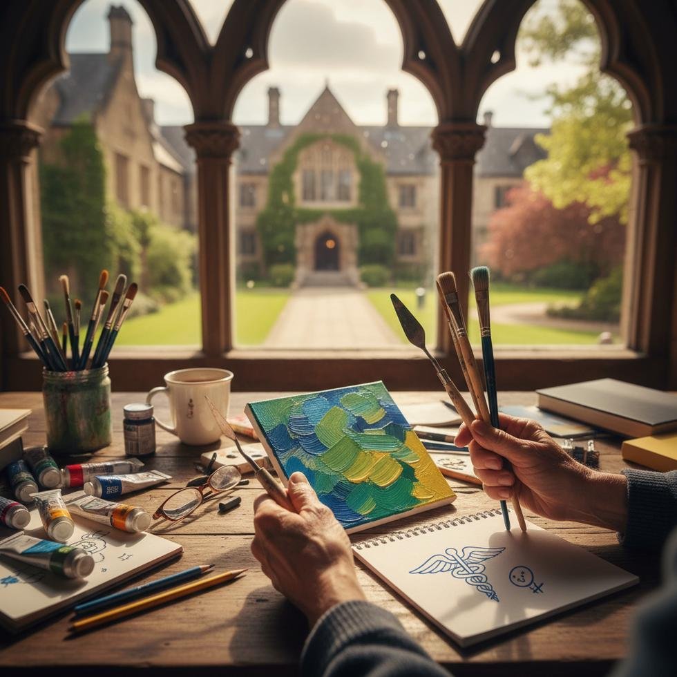 Sanat malzemeleri tutan yaşlı bir kadın.