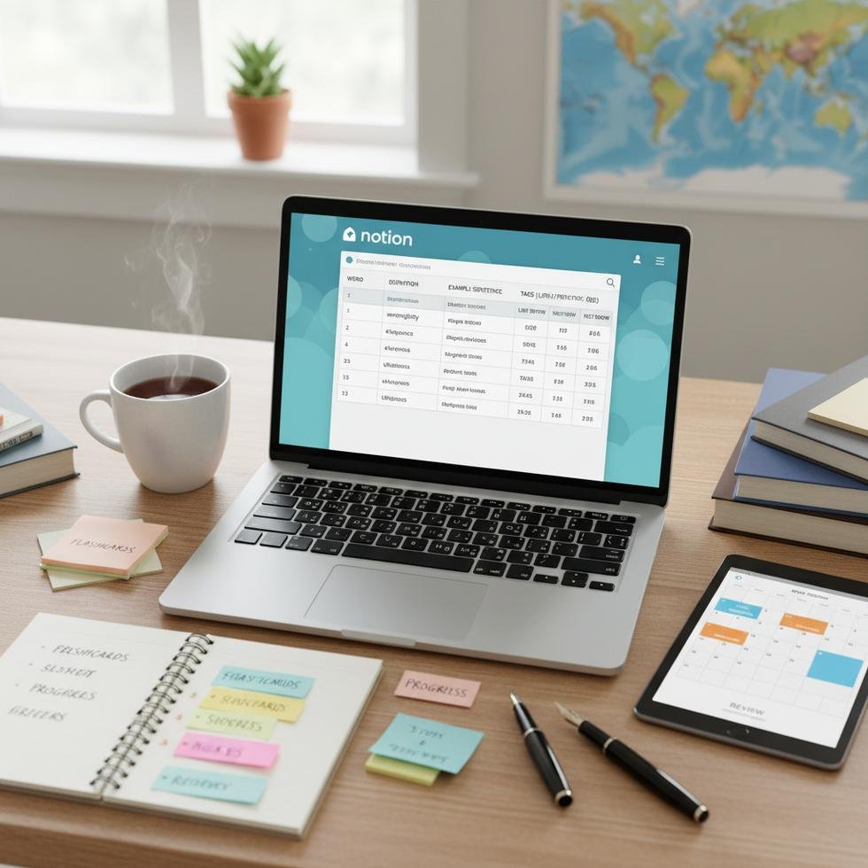 Notion arayüzünde İngilizce kelime defteri ve çalışma planı