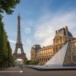 Paris'te Eiffel Kulesi ve Louvre Müzesi'nin genel görünümü