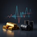 Değişken piyasa grafiği ve altın külçeleriyle birlikte petrol varilleri.