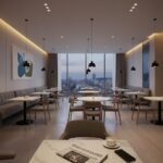 Modern iç tasarıma sahip otel restoranı ve yemek yiyen insanlar