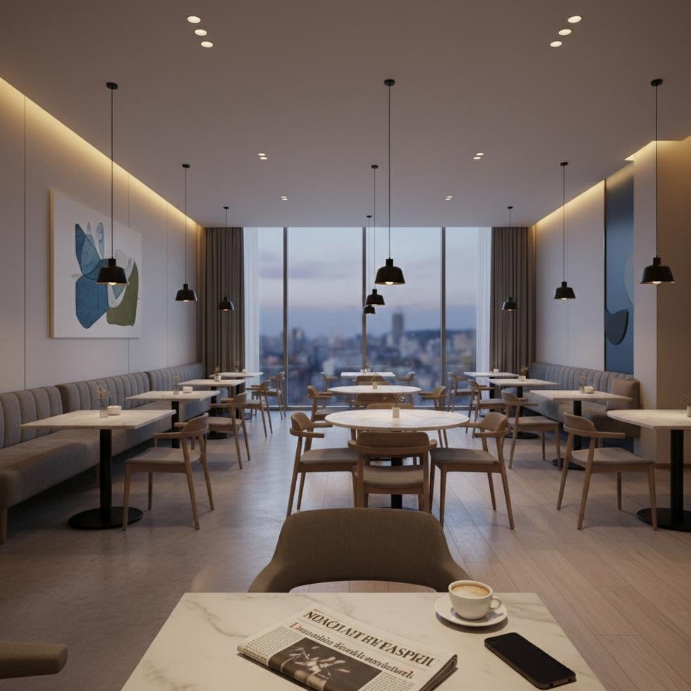 Modern iç tasarıma sahip otel restoranı ve yemek yiyen insanlar