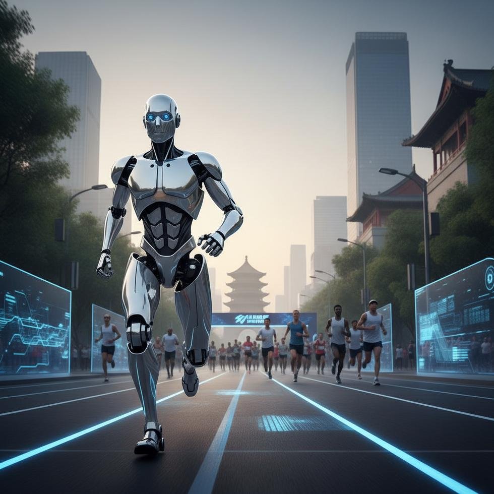 Pekin'de yarı maratonda yarışan robotlar ve insanlar