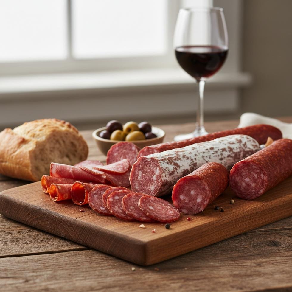 Mutfak masasında salam gibi işlenmiş et ürünleri